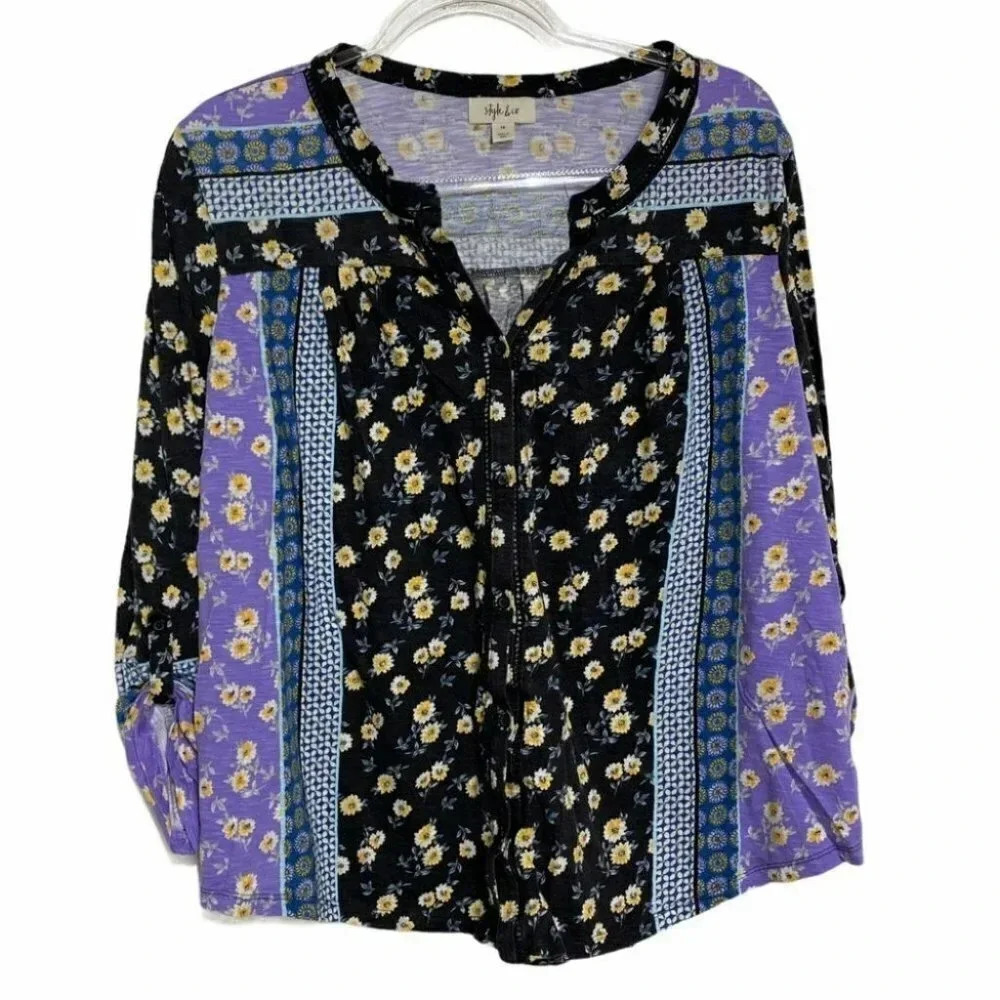 Style & Co 1X black/purple floral peasant top‎